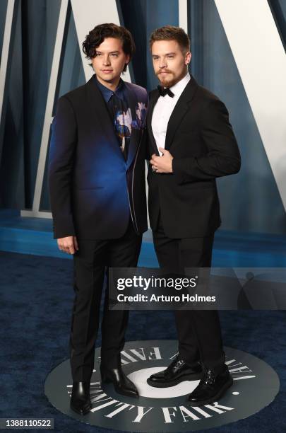 Cole Sprouse and Dylan Sprouse attend the 2022 Vanity Fair Oscar Party hosted by Radhika Jones at Wallis Annenberg Center for the Performing Arts on...