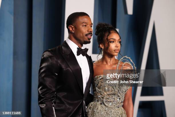 Michael B. Jordan and Lori Harvey attend the 2022 Vanity Fair Oscar Party Hosted By Radhika Jones at Wallis Annenberg Center for the Performing Arts...