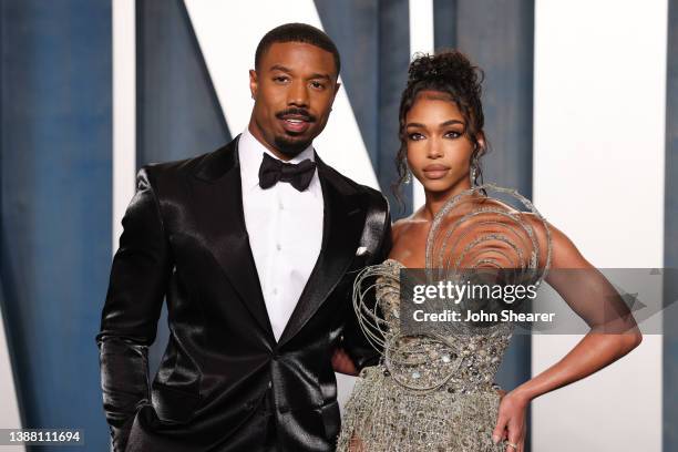 Michael B. Jordan and Lori Harvey attend the 2022 Vanity Fair Oscar Party Hosted By Radhika Jones at Wallis Annenberg Center for the Performing Arts...