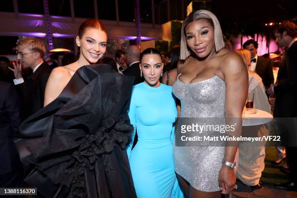 Kendall Jenner, Kim Kardashian and Serena Williams attend the 2022 Vanity Fair Oscar Party hosted by Radhika Jones at Wallis Annenberg Center for the...