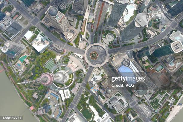 Aerial view of empty Lujiazui area amid COVID-19 resurgence on March 28, 2022 in Shanghai, China.