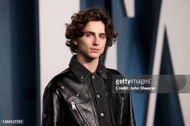 Timothée Chalamet attends the 2022 Vanity Fair Oscar Party Hosted By Radhika Jones at Wallis Annenberg Center for the Performing Arts on March 27,...