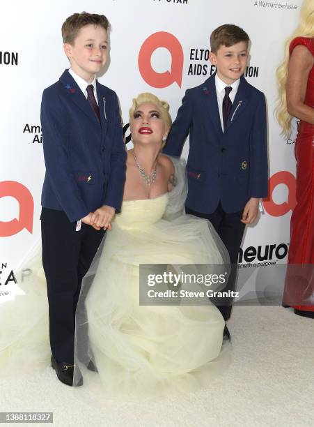 Elijah Joseph Daniel Furnish-John, Lady Gaga and Zachary Jackson Levon Furnish-John arrives at the Elton John AIDS Foundation's 30th Annual Academy...