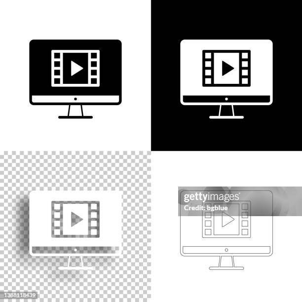 watch video on desktop computer. icon for design. blank, white and black backgrounds - line icon - play button transparent stock illustrations