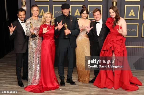 Eugenio Derbez, Sian Heder, Marlee Matlin, Troy Kotsur, Emilia Jones, Daniel Durant and Amy Forsyth, winners of the Best Picture award for ‘CODA’,...
