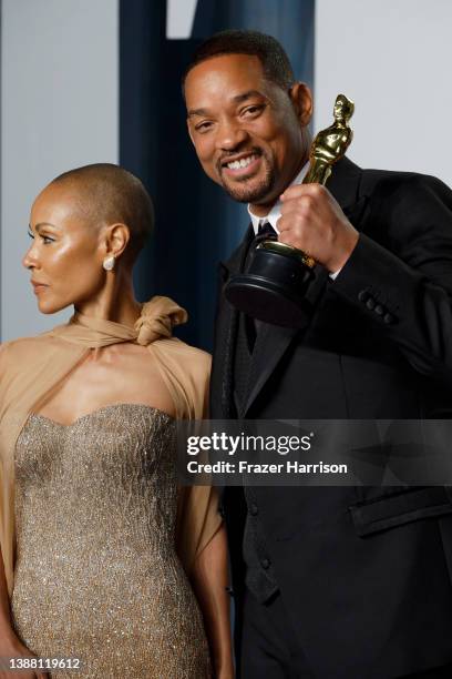 Jada Pinkett Smith and Will Smith attend the 2022 Vanity Fair Oscar Party hosted by Radhika Jones at Wallis Annenberg Center for the Performing Arts...