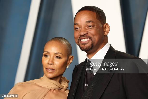Jada Pinkett Smith and Will Smith attend the 2022 Vanity Fair Oscar Party hosted by Radhika Jones at Wallis Annenberg Center for the Performing Arts...