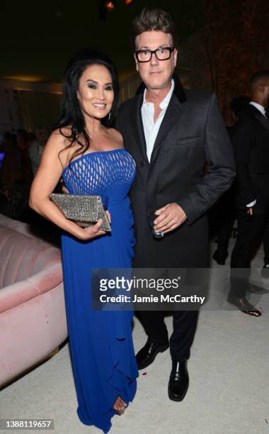 Tia Carrere and Simon Wakelin attend the Elton John AIDS Foundation's 30th Annual Academy Awards Viewing Party on March 27, 2022 in West Hollywood,...