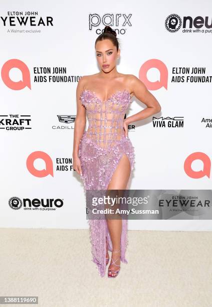 Stassie Karanikolaou attends the Elton John AIDS Foundation's 30th Annual Academy Awards Viewing Party on March 27, 2022 in West Hollywood,...