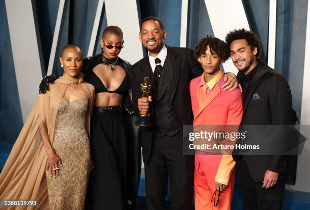 Jada Pinkett Smith, Willow Smith, Will Smith, Jaden Smith and Trey Smith attend the 2022 Vanity Fair Oscar Party hosted by Radhika Jones at Wallis...