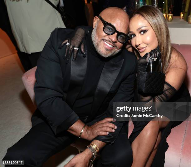 Israel Houghton and Adrienne Bailon attend the Elton John AIDS Foundation's 30th Annual Academy Awards Viewing Party on March 27, 2022 in West...