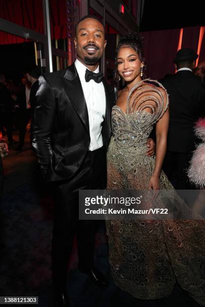 Michael B. Jordan, Lori Harvey attend the 2022 Vanity Fair Oscar Party hosted by Radhika Jones at Wallis Annenberg Center for the Performing Arts on...