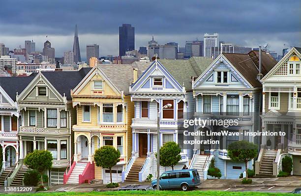 painted ladies at alamo square, san francisco - lime tree stockfoto's en -beelden