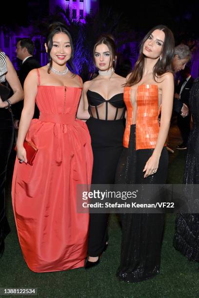 Lana Condor, Addison Rae and Emily Ratajkowski attend the 2022 Vanity Fair Oscar Party hosted by Radhika Jones at Wallis Annenberg Center for the...
