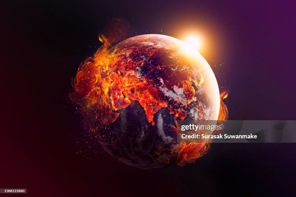Concept illustration Global warming around the world is about to be burned by human hands (3D image)