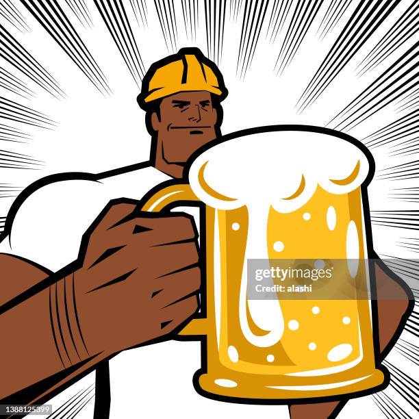 a blue-collar worker wears a work helmet and lifts a glass to join in a celebratory toast, comics effects lines background - congratulating stock illustrations