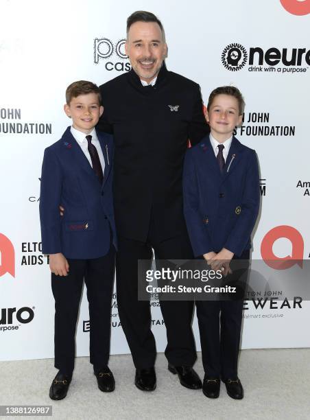 David Furnish, Zachary Jackson Levon Furnish-John,Joseph Daniel Furnish-John arrives at the Elton John AIDS Foundation's 30th Annual Academy Awards...