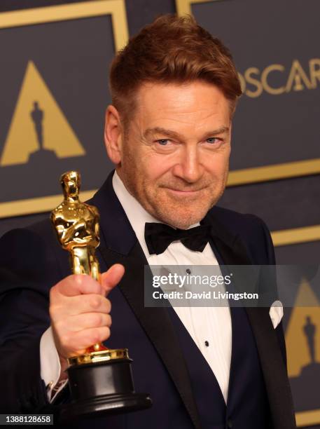 Kenneth Branagh winner of the Writing award for ‘Belfast’ poses in the press room at the 94th Annual Academy Awards at Hollywood and Highland on...