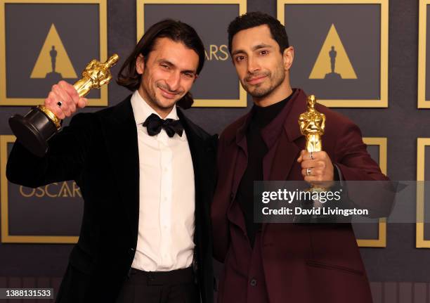 Writer and Actor Riz Ahmed and Writer and Director Aneil Karia, winners of Best Live Action Short Film for "The Long Goodbye," pose in the press room...
