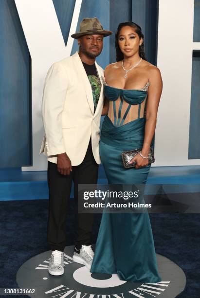 Taye Diggs and Apryl Jones attend the 2022 Vanity Fair Oscar Party hosted by Radhika Jones at Wallis Annenberg Center for the Performing Arts on...