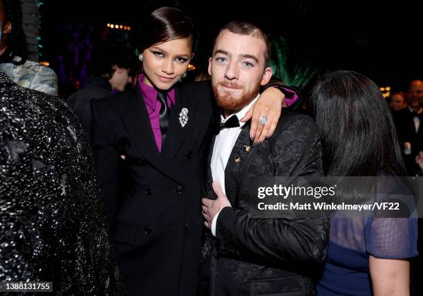 Zendaya and Angus Cloud attend the 2022 Vanity Fair Oscar Party hosted by Radhika Jones at Wallis Annenberg Center for the Performing Arts on March...