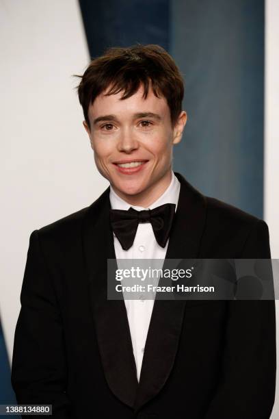 Elliot Page attends the 2022 Vanity Fair Oscar Party hosted by Radhika Jones at Wallis Annenberg Center for the Performing Arts on March 27, 2022 in...