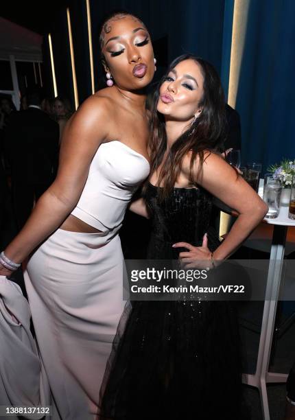 Megan Thee Stallion and Vanessa Hudgens attend the 2022 Vanity Fair Oscar Party hosted by Radhika Jones at Wallis Annenberg Center for the Performing...