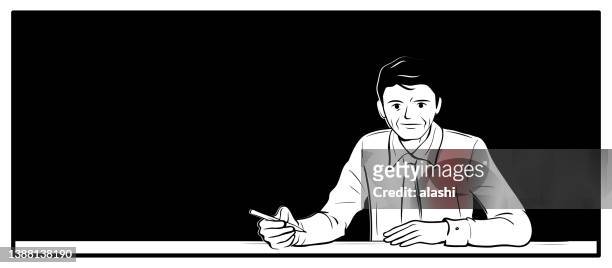 ilustrações, clipart, desenhos animados e ícones de um empresário maduro (editor, escritor, professor) está sentado na mesa e escrevendo com uma caneta (lápis) - authors night