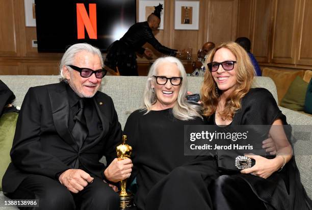 Harvey Keitel, Jane Campion and Daphna Kastner attend the 2022 Netflix Oscar After Party at San Vicente Bungalows on March 27, 2022 in West...