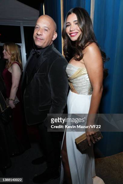 Vin Diesel and Paloma Jiménez attend the 2022 Vanity Fair Oscar Party hosted by Radhika Jones at Wallis Annenberg Center for the Performing Arts on...