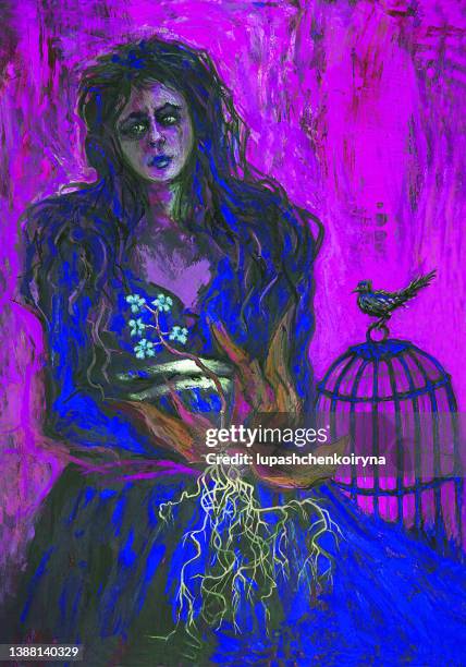 stockillustraties, clipart, cartoons en iconen met illustration oil painting  portrait of a young l woman in a bright blue dress with long dark hair on a pinkish background - birdcage