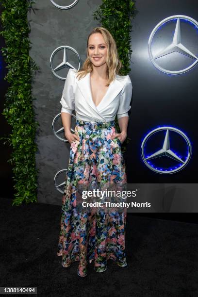 Danielle Savre arrives for the Mercedes-Benz Academy Awards viewing party at Four Seasons Hotel Los Angeles at Beverly Hills on March 27, 2022 in Los...