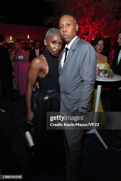 Cynthia Erivo and Lena Waithe attend the 2022 Vanity Fair Oscar Party hosted by Radhika Jones at Wallis Annenberg Center for the Performing Arts on...