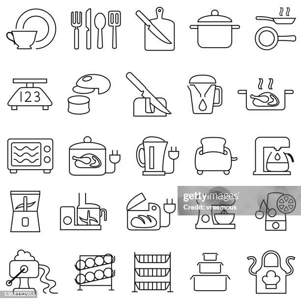 kitchenware, appliances, utensils and gadgets outline icons - baking sheet stock illustrations