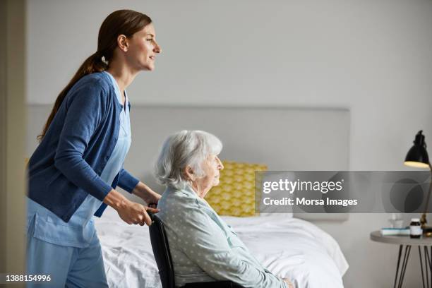 nurse with elderly woman on wheelchair at home - pflegedienst blau stock-fotos und bilder