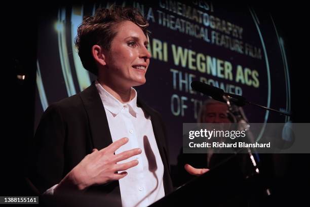 Ari Wegner wins the award for best cinematography for a Feature Film at the 2022 British Society of Cinematographers 2022 Awards for her...