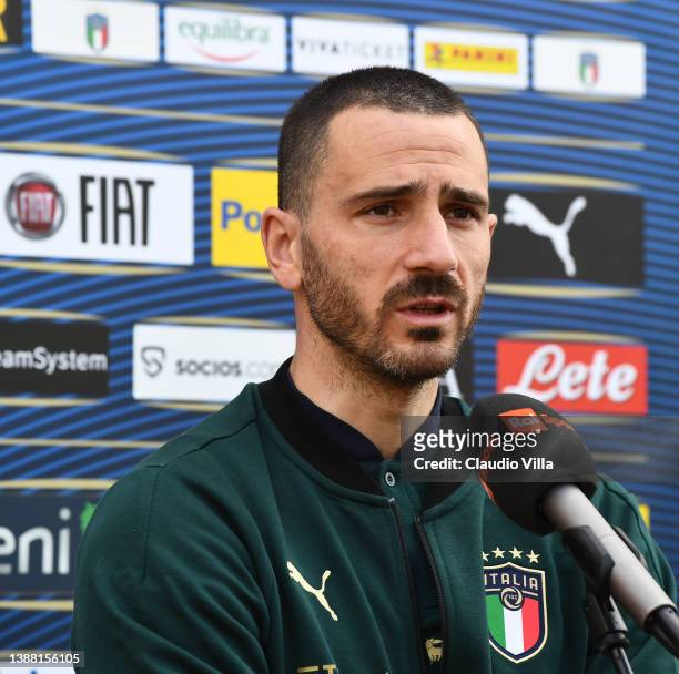 Leonardo Bonucci of Italy speaks with the media during press conference at Centro Tecnico Federale di Coverciano on March 28, 2022 in Florence, Italy.