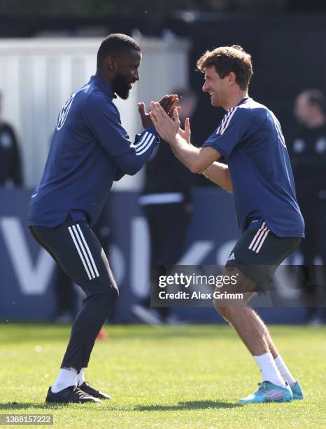 Thomas Mueller and Antonio Ruediger attend a training session of Germany at the Eintracht Frankfurt training ground on March 28, 2022 in Frankfurt am...