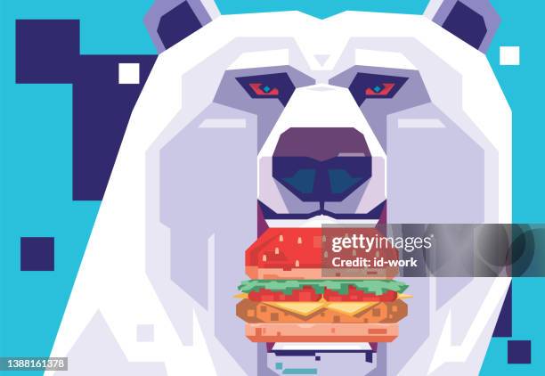 polar bear holding hamburger - burger bite stock illustrations
