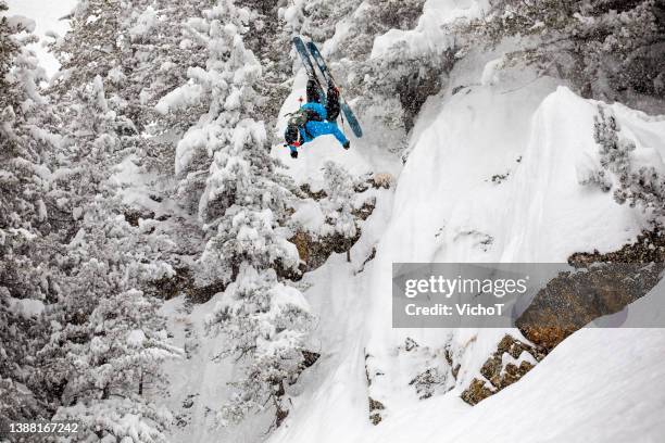 フリーライドスキーヤーが岩から大きなバックフリップをする - pirin national park ストックフォトと画像