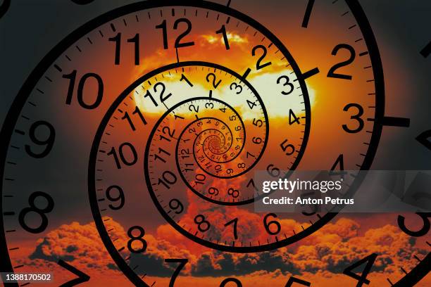 doomsday clock. nuclear explosion on the background of clock - intercontinental ballistic missile stock pictures, royalty-free photos & images