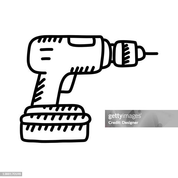 cordless drill hand drawn icon, doodle style vector illustration - cordless drill stock illustrations