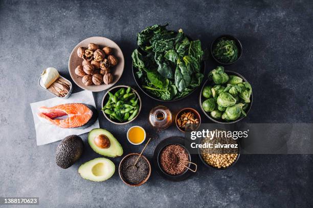 omega 3 rich food items on slate background - edamame stock pictures, royalty-free photos & images