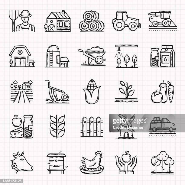 farming and agriculture hand drawn icons set, doodle style vector illustration - farmer icon stock illustrations