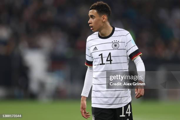 Jamal Musiala of Germany reacts during the international friendly match between Germany and Israel at PreZero-Arena on March 26, 2022 in Sinsheim,...