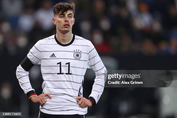 Kai Havertz of Germany reacts during the international friendly match between Germany and Israel at PreZero-Arena on March 26, 2022 in Sinsheim,...