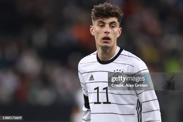 Kai Havertz of Germany reacts during the international friendly match between Germany and Israel at PreZero-Arena on March 26, 2022 in Sinsheim,...