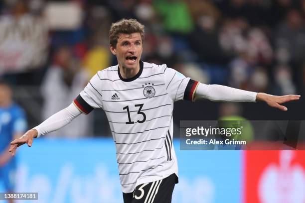 Thomas Mueller of Germany reacts during the international friendly match between Germany and Israel at PreZero-Arena on March 26, 2022 in Sinsheim,...