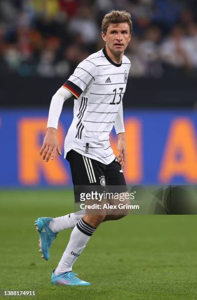 Thomas Mueller of Germany reacts during the international friendly match between Germany and Israel at PreZero-Arena on March 26, 2022 in Sinsheim,...