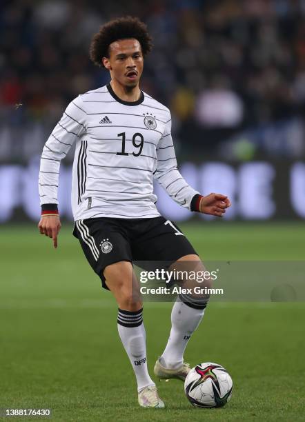 Leroy Sane of Germany controls the ball during the international friendly match between Germany and Israel at PreZero-Arena on March 26, 2022 in...